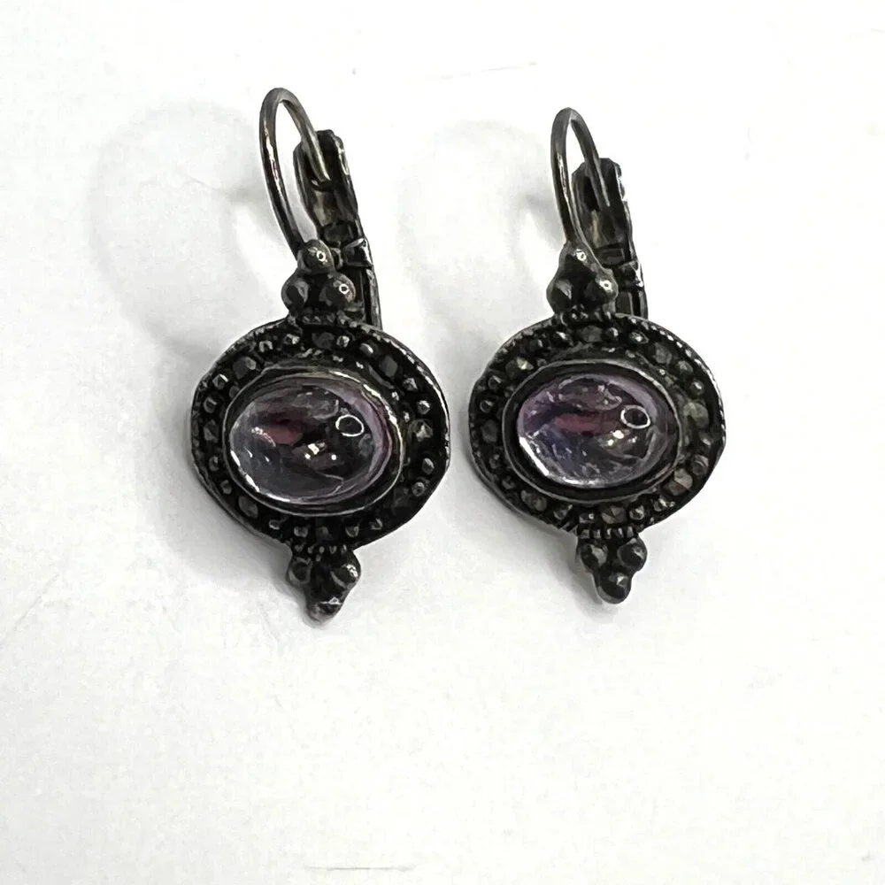 Vintage‎ Pierced Earrings Silver Tone Marcasite Purple Glass Stone